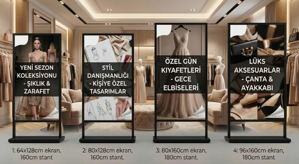 Moda mağazasında dört farklı boy dijital poster ekran